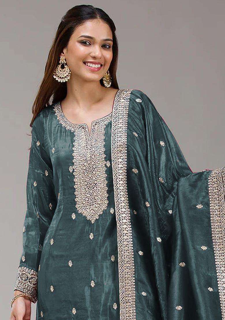 Dark Sequin Work Silk Palazzo Set - Indya