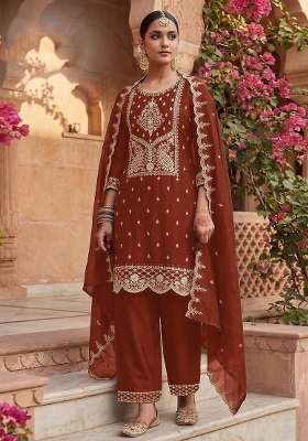 Orange Embroidery Cotton Kurta Set
