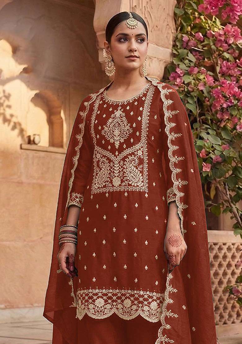 Orange Embroidery Cotton Kurta Set - Indya