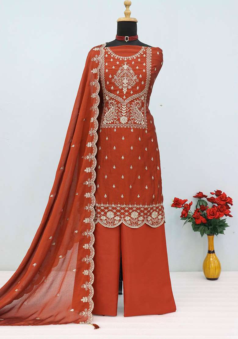 Orange Embroidery Cotton Kurta Set - Indya