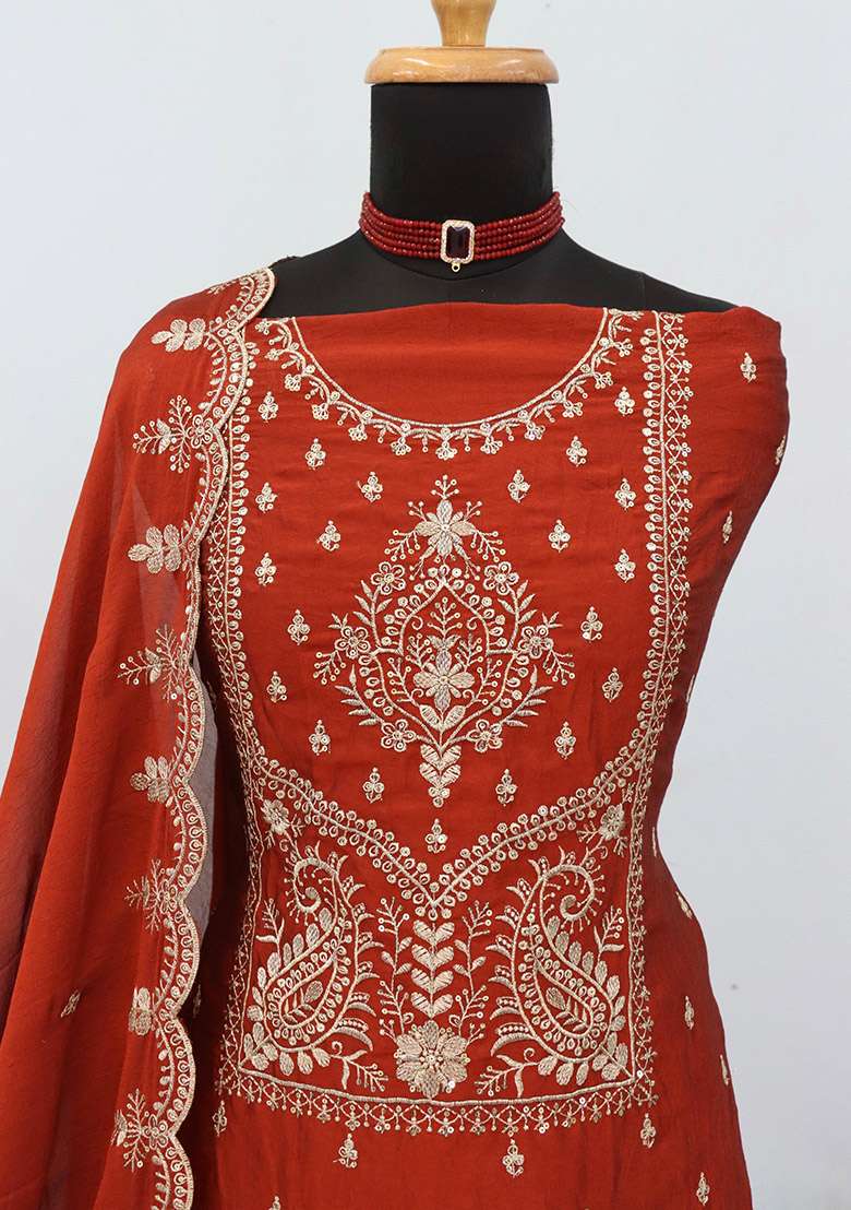 Orange Embroidery Cotton Kurta Set - Indya