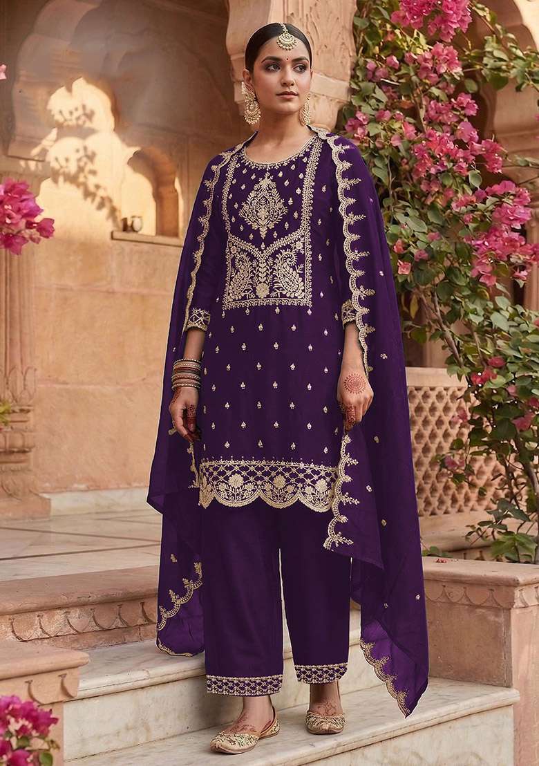 Purple Embroidery Cotton Kurta Set - Indya
