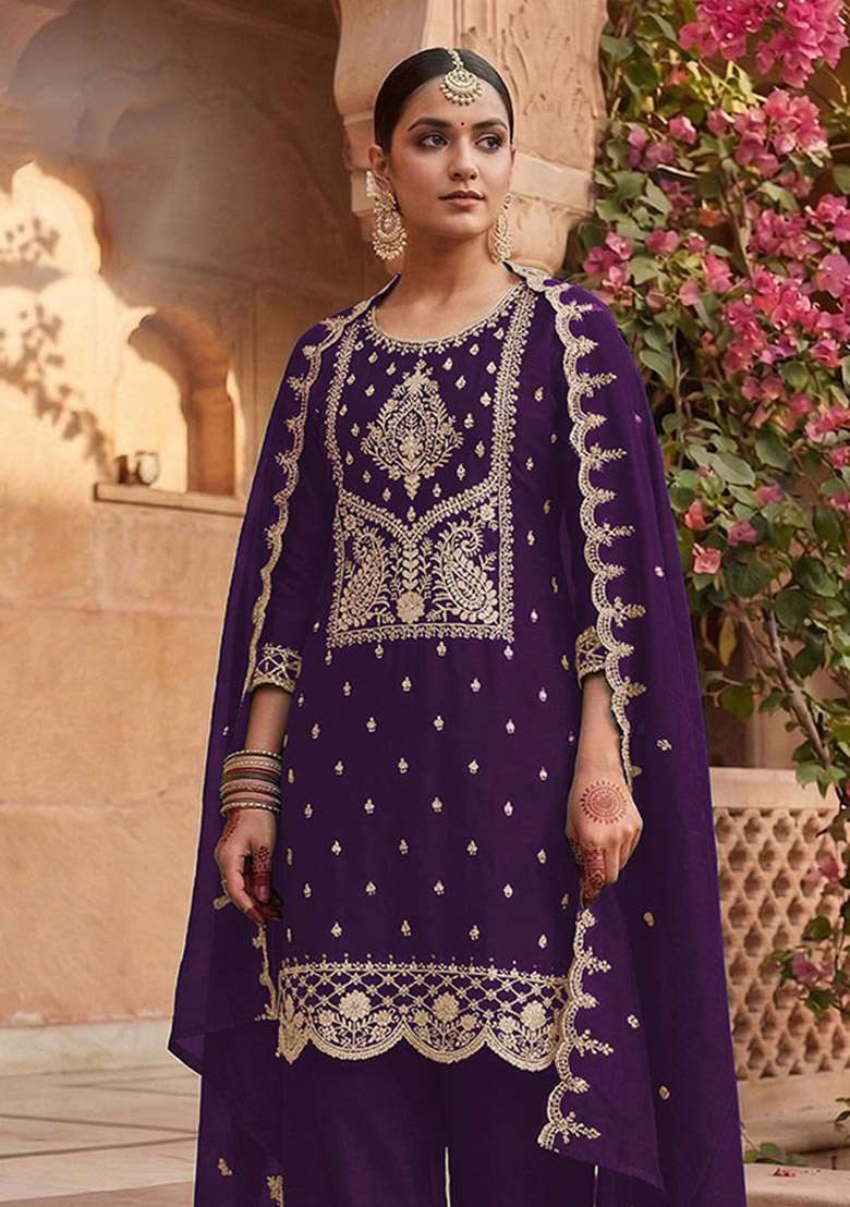 Purple Embroidery Cotton Kurta Set - Indya