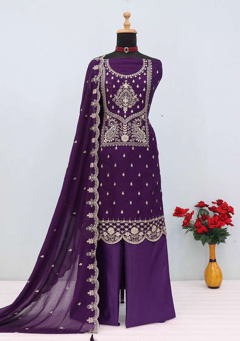 Purple Embroidery Cotton Kurta Set - Indya