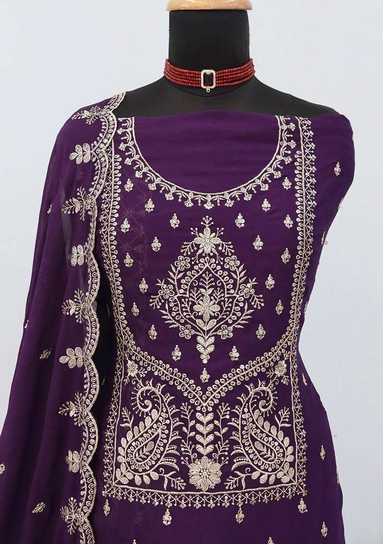Purple Embroidery Cotton Kurta Set - Indya