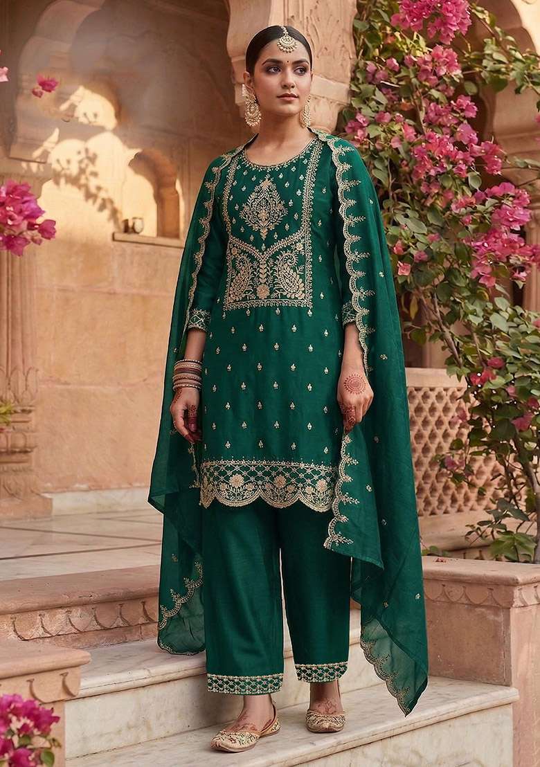 Green Embroidery Cotton Kurta Set - Indya