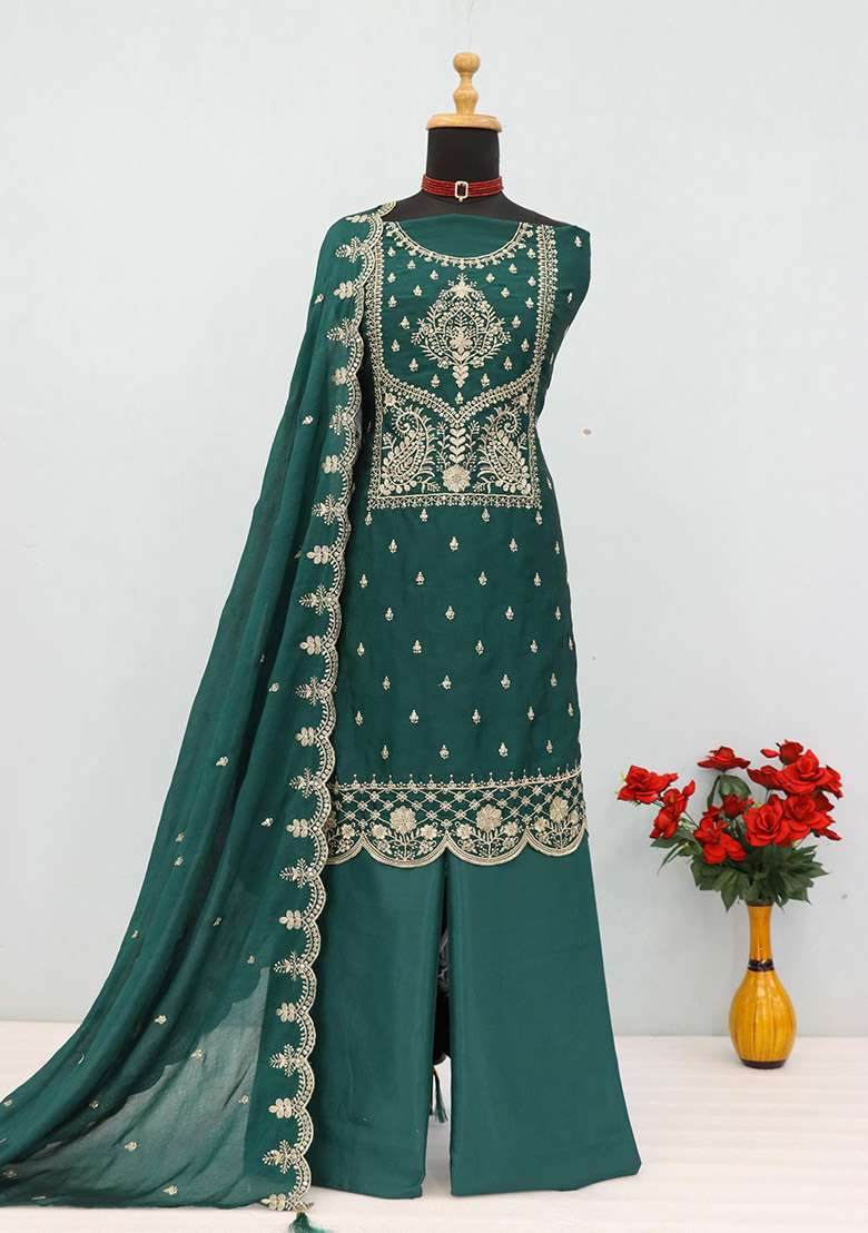 Green Embroidery Cotton Kurta Set - Indya