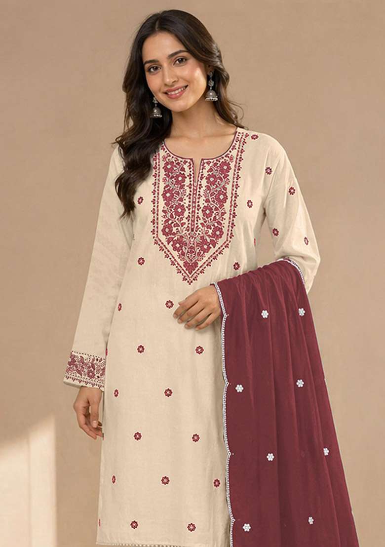 Maroon Embroidery Cotton Kurta Set - Indya