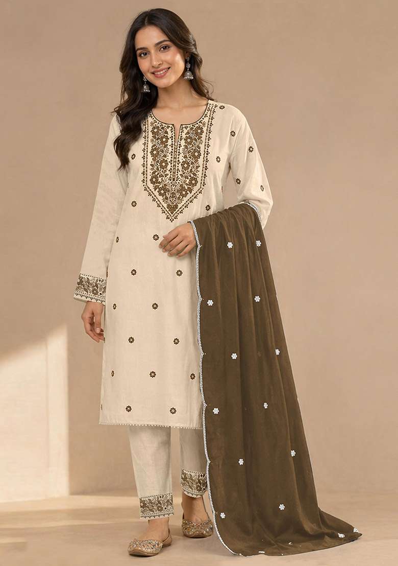 Mehendi Embroidery Cotton Kurta Set - Indya