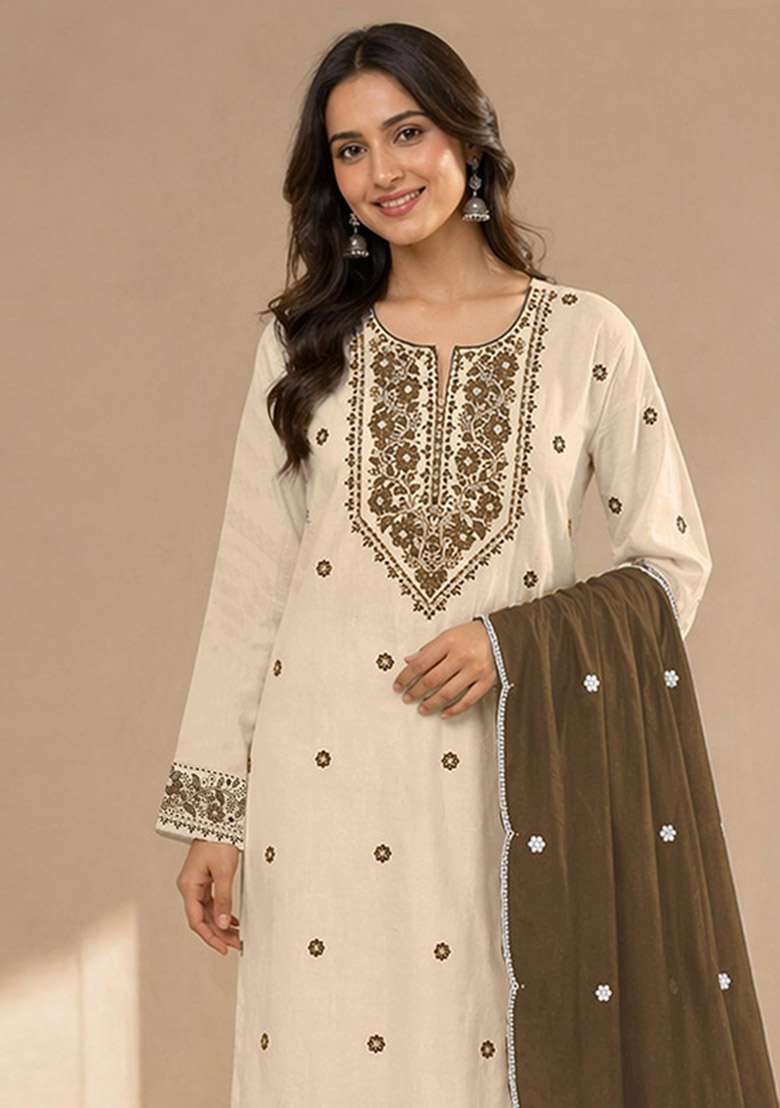 Mehendi Embroidery Cotton Kurta Set - Indya