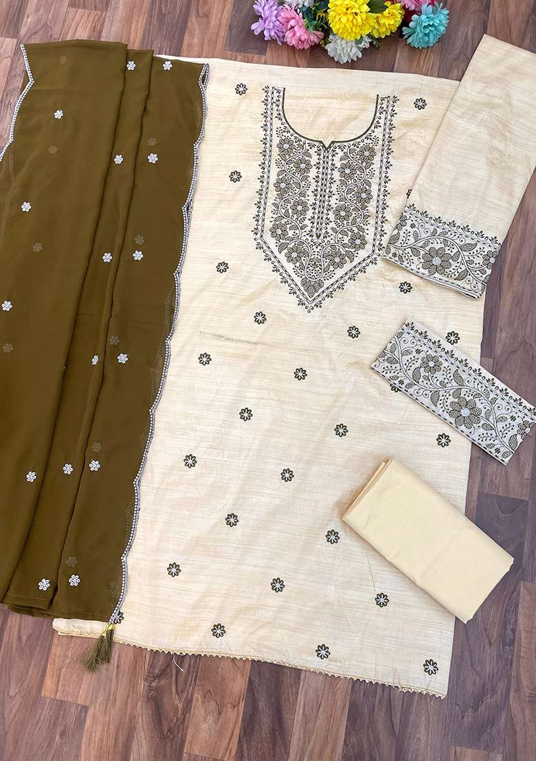 Mehendi Embroidery Cotton Kurta Set - Indya