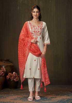 Orange Floral Print Cotton Kurta Set