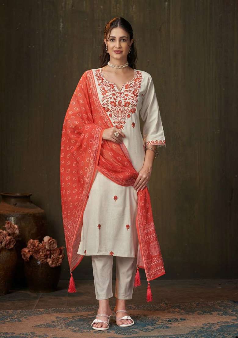 Orange Floral Print Cotton Kurta Set - Indya