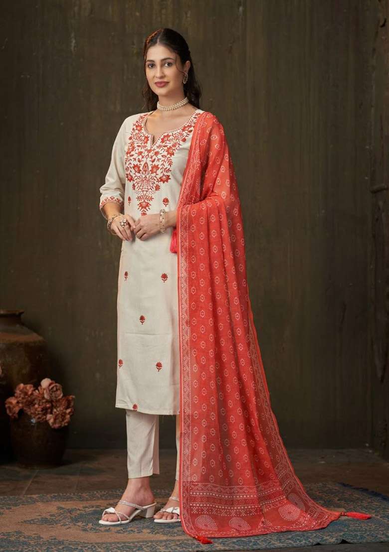 Orange Floral Print Cotton Kurta Set - Indya