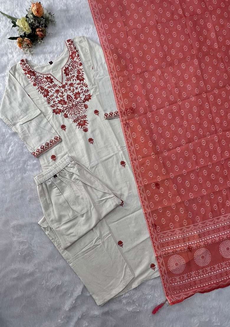 Orange Floral Print Cotton Kurta Set - Indya