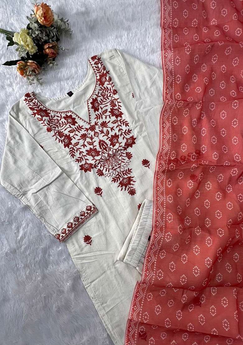 Orange Floral Print Cotton Kurta Set - Indya