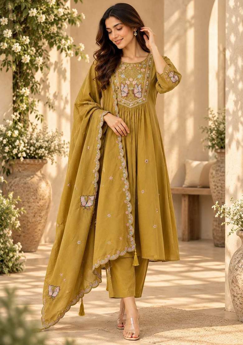 Yellow Embroidery Silk Kurta Set - Indya