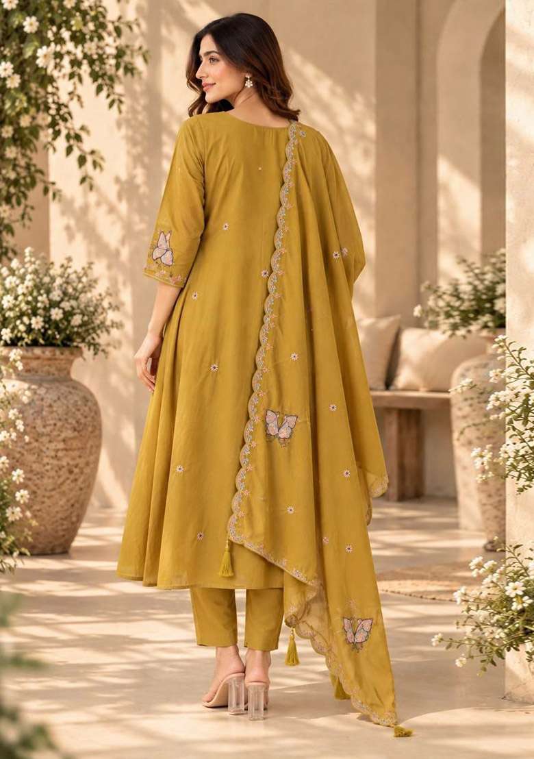 Yellow Embroidery Silk Kurta Set - Indya