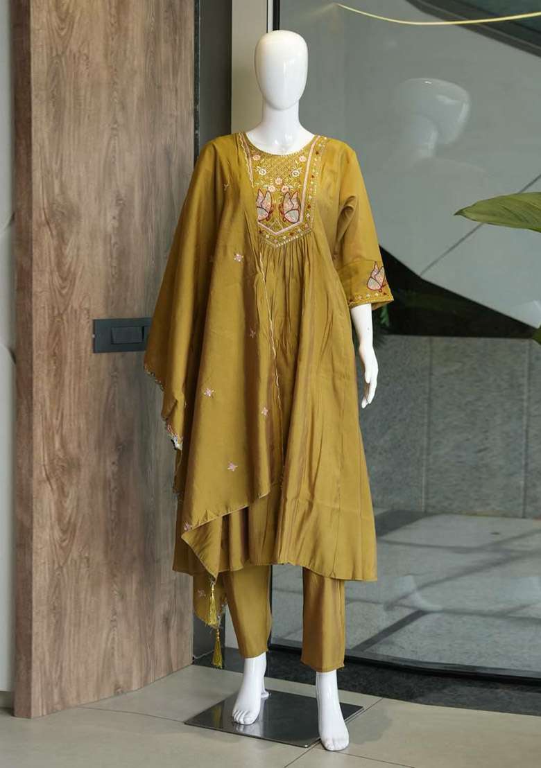 Yellow Embroidery Silk Kurta Set - Indya
