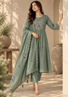 Green Embroidery Silk Kurta Set