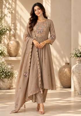 Brown Embroidery Silk Kurta Set