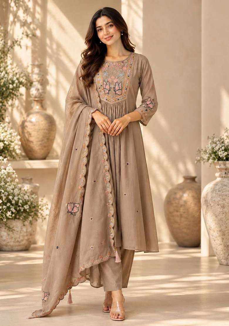 Brown Embroidery Silk Kurta Set - Indya