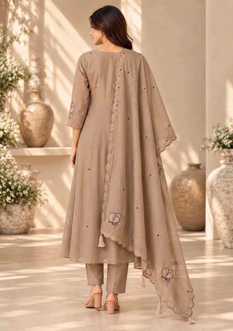 Brown Embroidery Silk Kurta Set - Indya