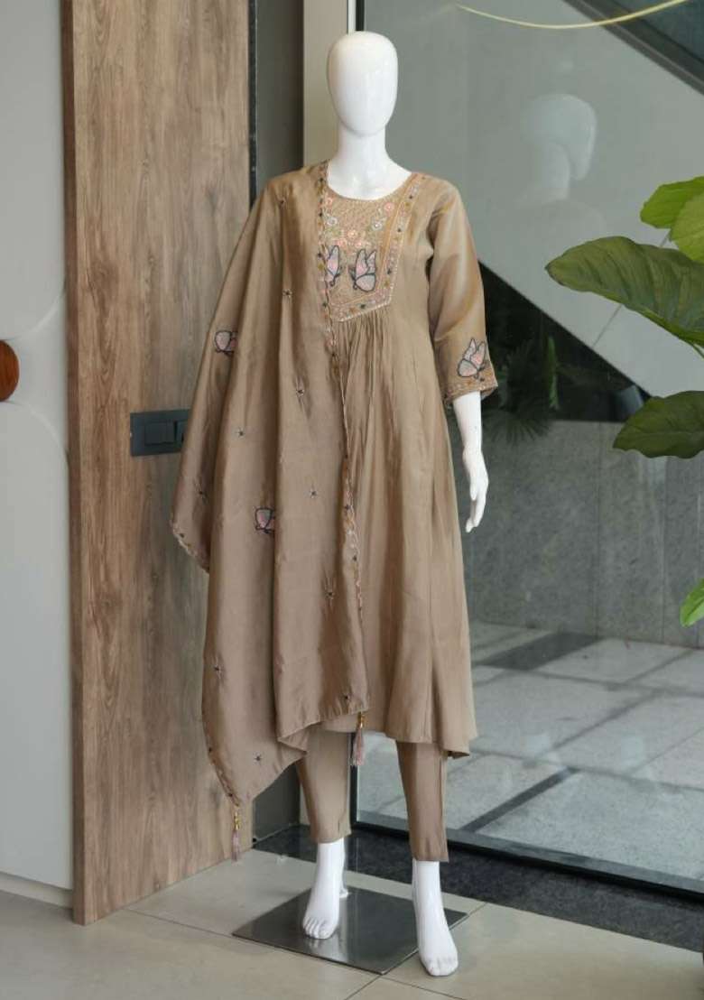 Brown Embroidery Silk Kurta Set - Indya