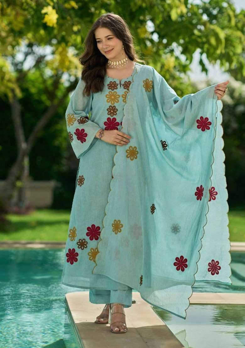 Blue Embroidery Silk Kurta Set - Indya
