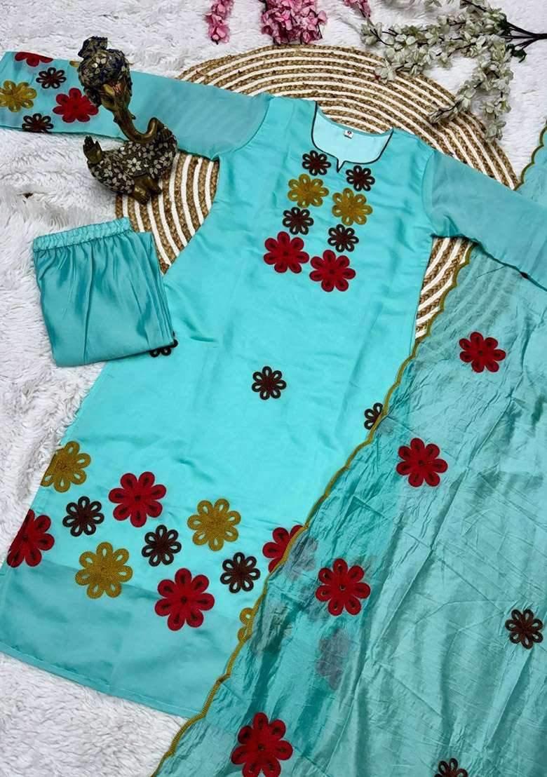 Blue Embroidery Silk Kurta Set - Indya