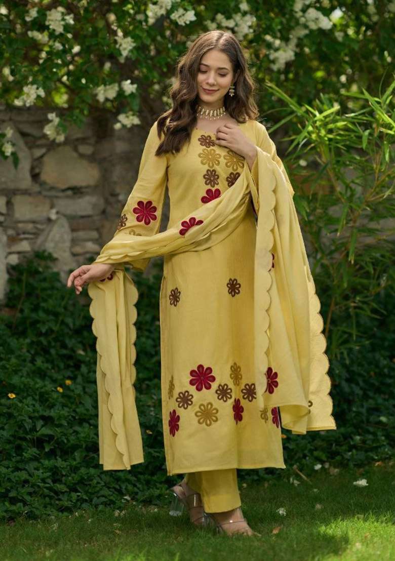 Yellow Embroidery Silk Kurta Set - Indya