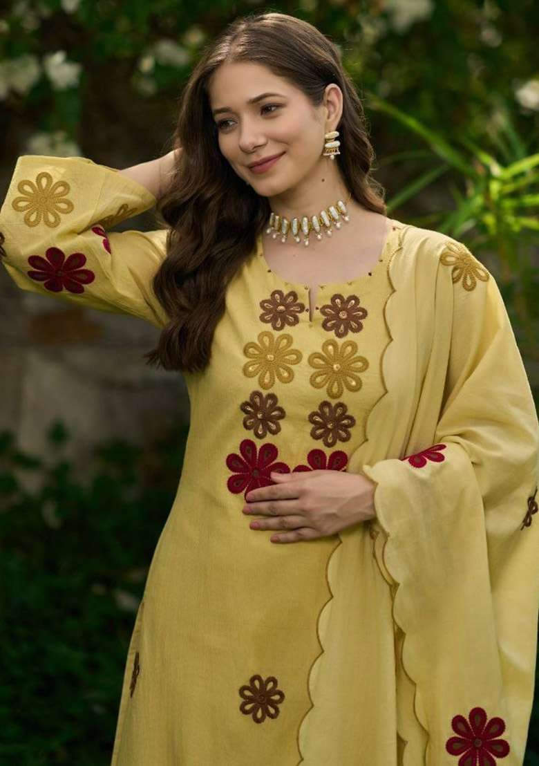 Yellow Embroidery Silk Kurta Set - Indya