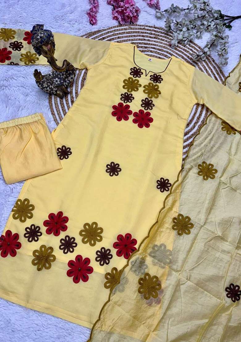 Yellow Embroidery Silk Kurta Set - Indya