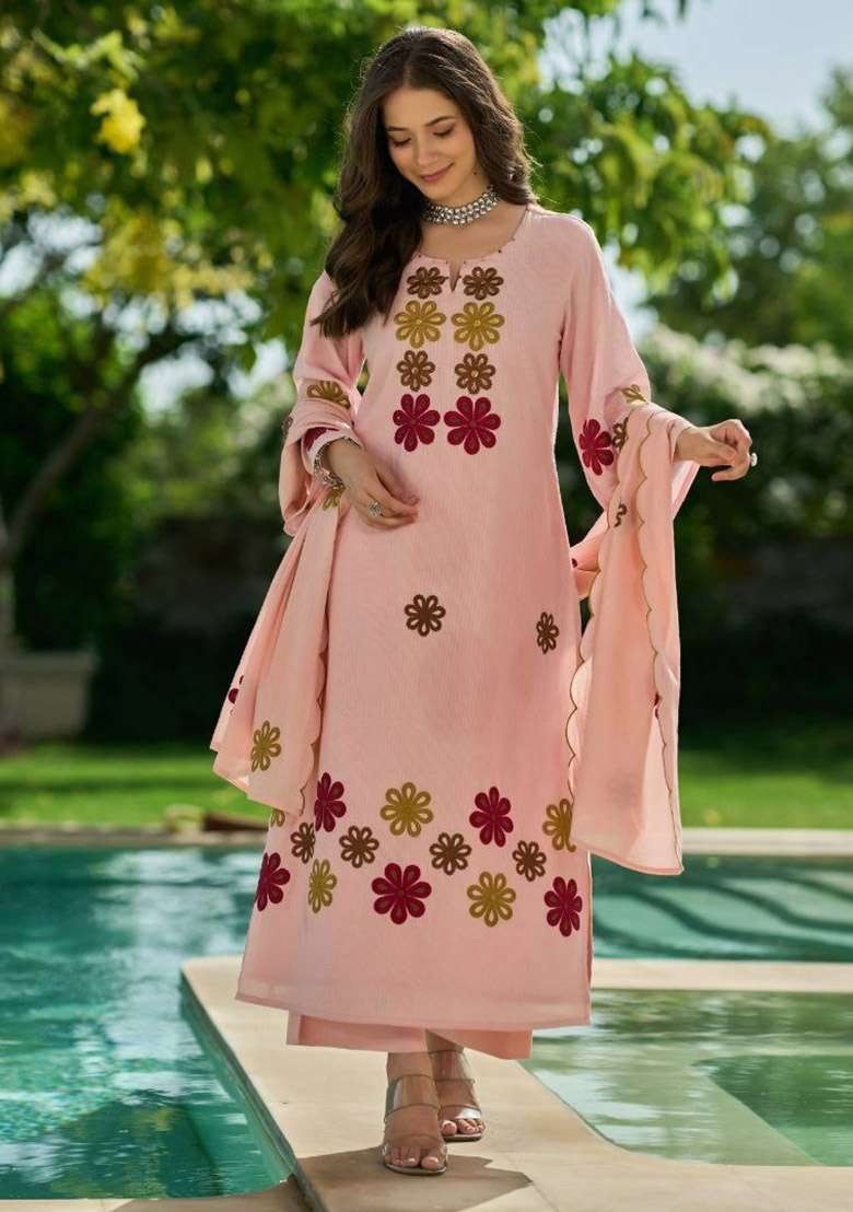 Pink Embroidery Silk Kurta Set - Indya