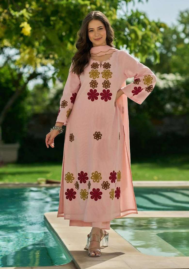 Pink Embroidery Silk Kurta Set - Indya