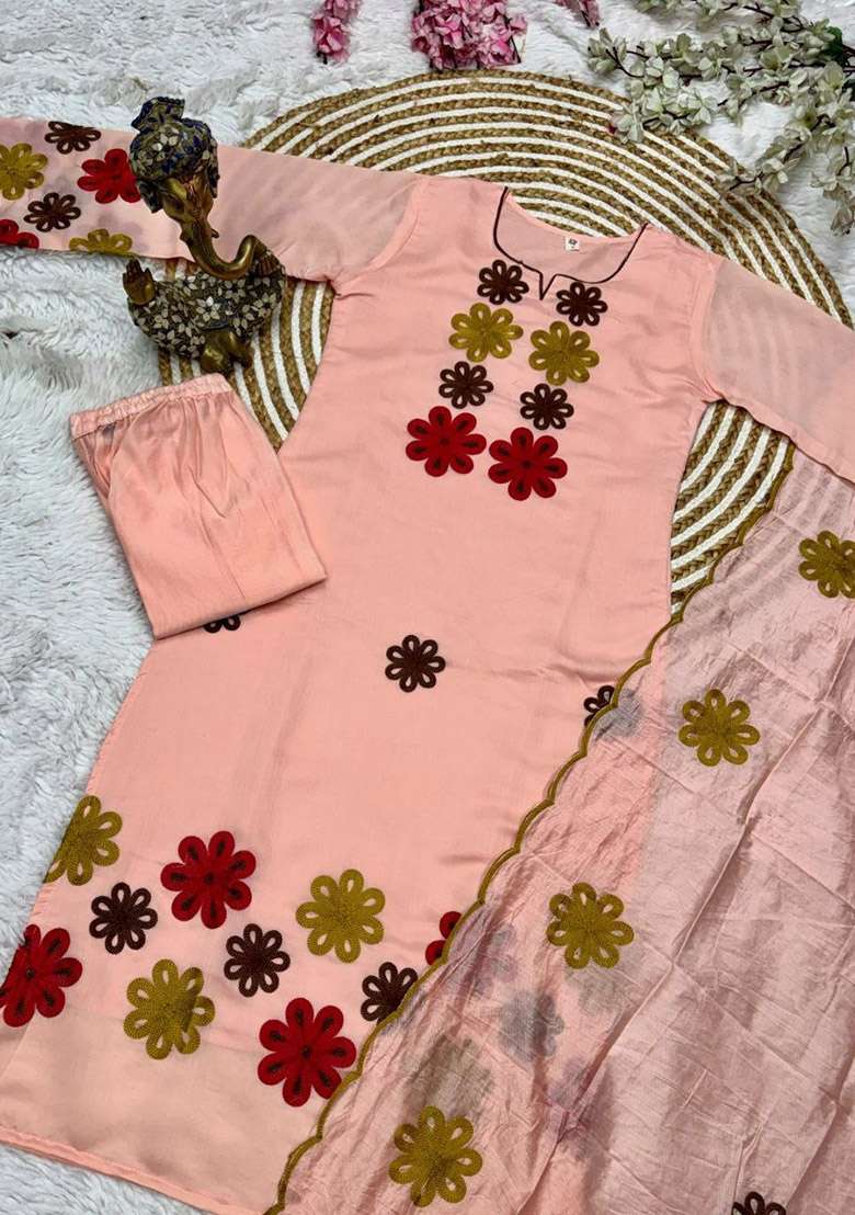 Pink Embroidery Silk Kurta Set - Indya