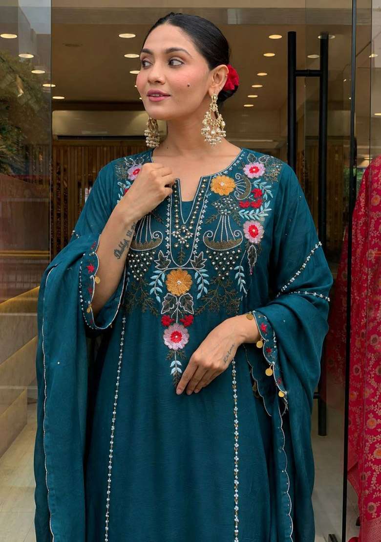 Rama Sequin Work Silk Kurta Set - Indya