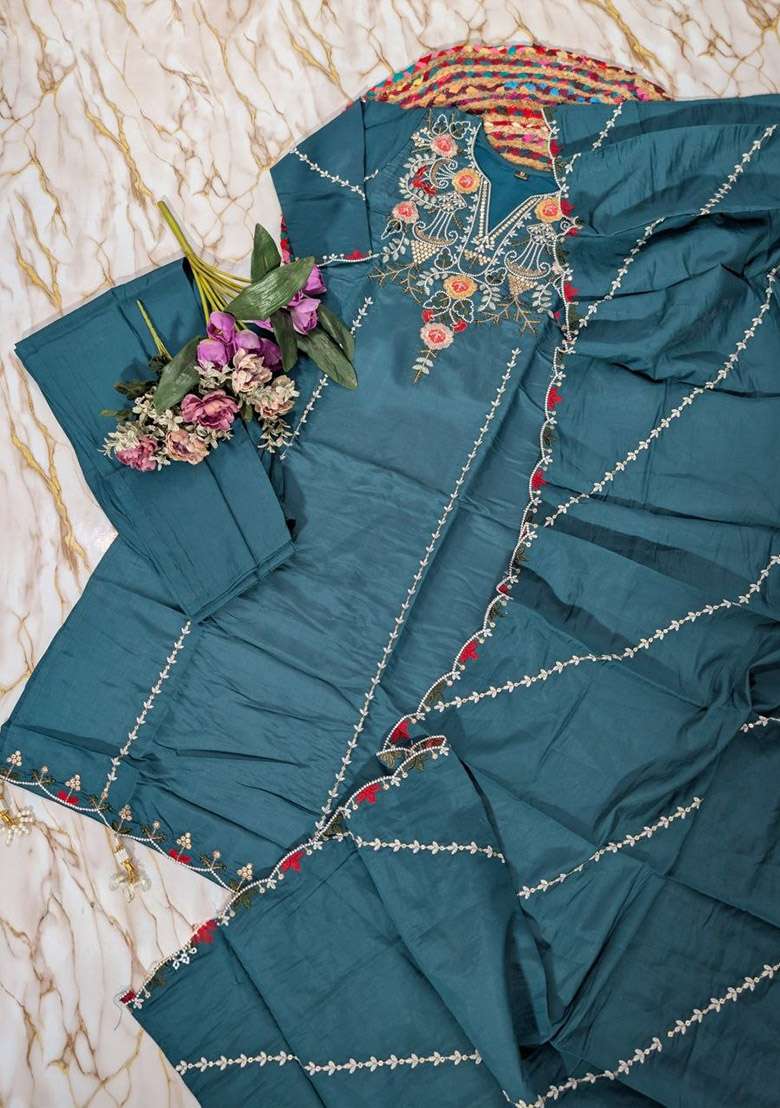Rama Sequin Work Silk Kurta Set - Indya