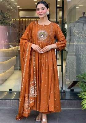 Orange Floral Print Cotton Kurta Set