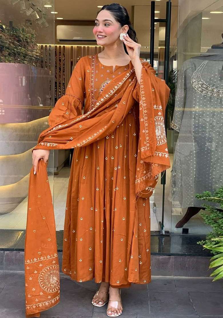 Orange Floral Print Cotton Kurta Set - Indya