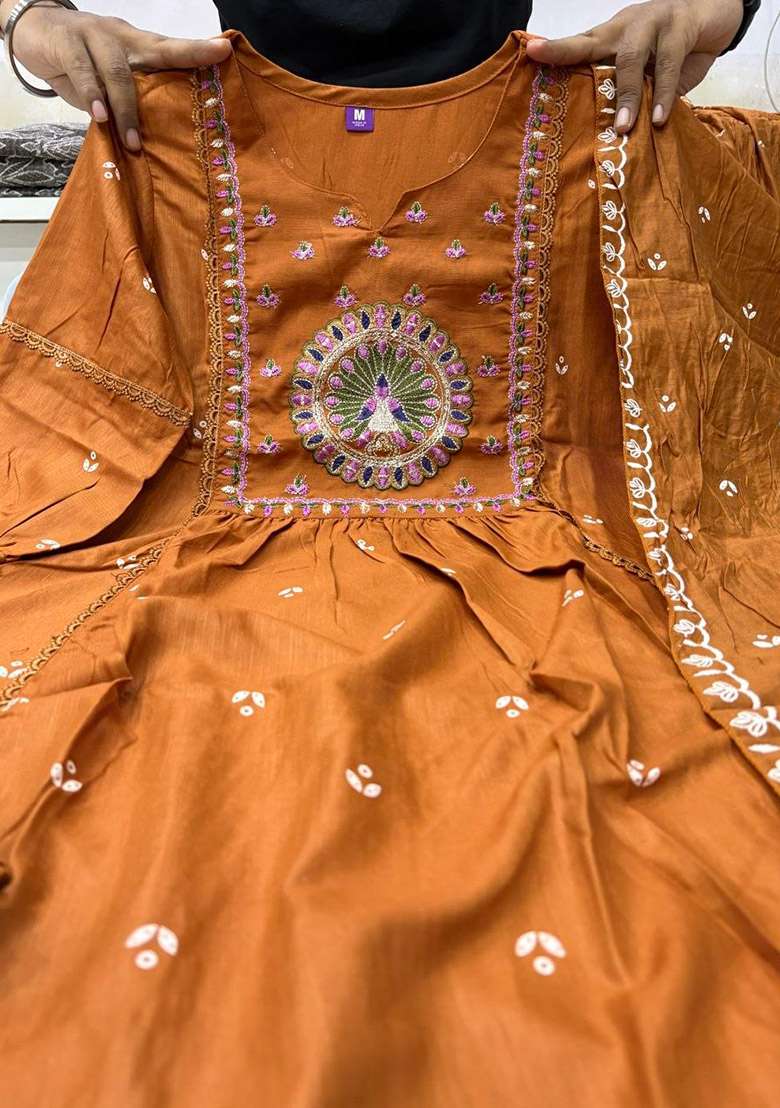 Orange Floral Print Cotton Kurta Set - Indya