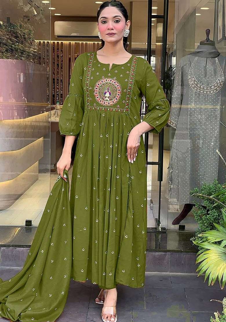 Green Floral Print Cotton Kurta Set - Indya