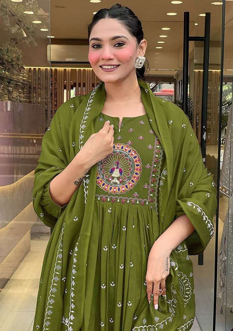 Green Floral Print Cotton Kurta Set - Indya