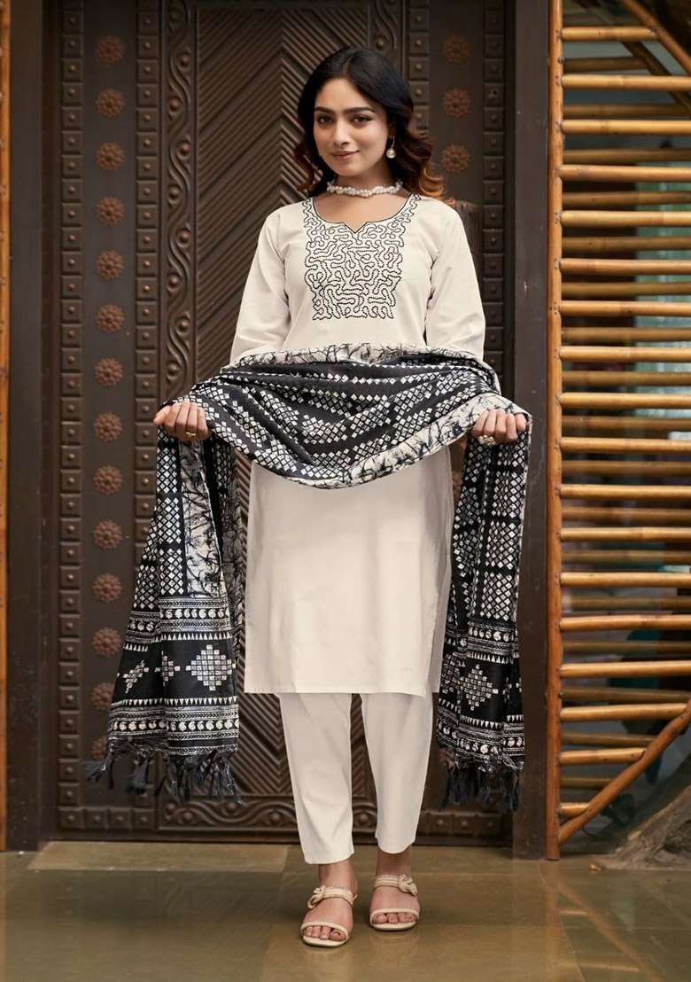 White Embroidery Cotton Kurta Set - Indya