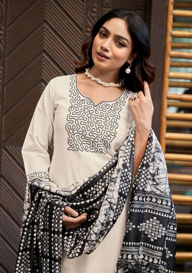 White Embroidery Cotton Kurta Set - Indya