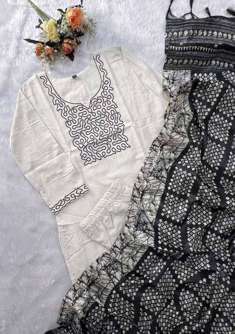 White Embroidery Cotton Kurta Set - Indya