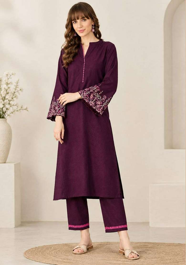 Wine Embroidery Roman Kurta Set - Indya