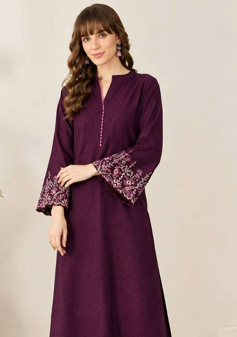 Wine Embroidery Roman Kurta Set - Indya