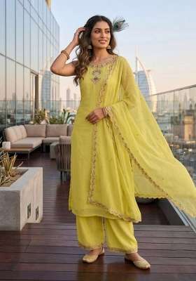 Yellow Embroidery Chanderi Kurta Set