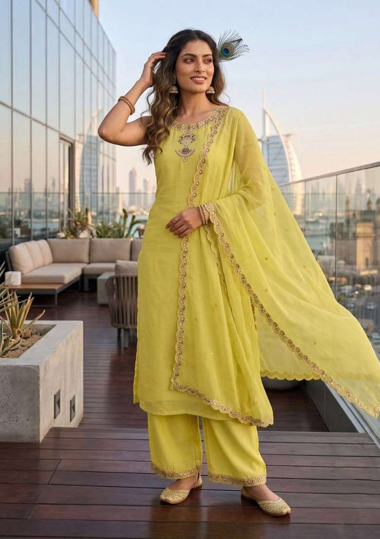Yellow Embroidery Chanderi Kurta Set - Indya